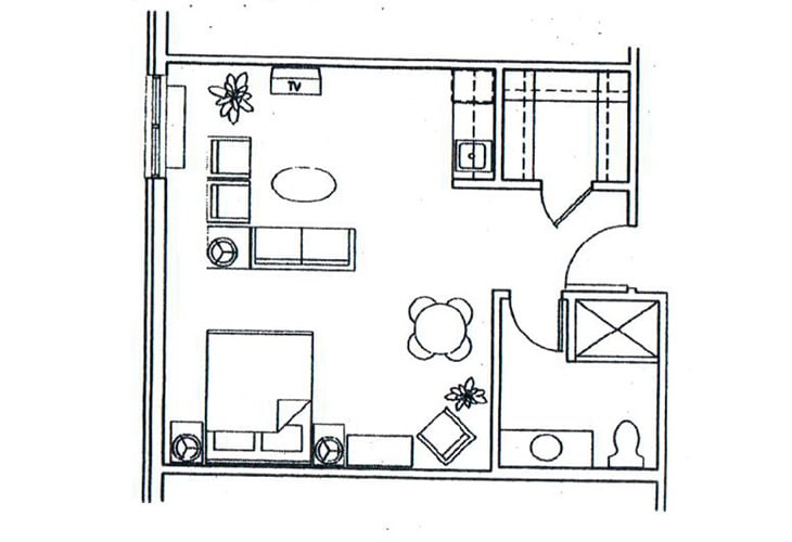 A compact apartment floor plan with a living area, bedroom, kitchen, and bathroom.
