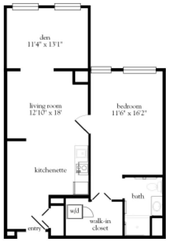 A detailed floor plan of an apartment featuring a living room, bedroom, kitchenette, bathroom, and den.