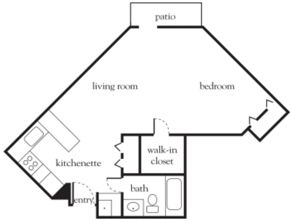 This is a floor plan of an apartment featuring a living room, kitchenette, bathroom, bedroom with a walk-in closet, and patio.