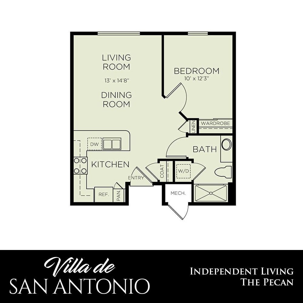 Floor plan of an independent living apartment at Villa de San Antonio, labeled 'The Pecan'.