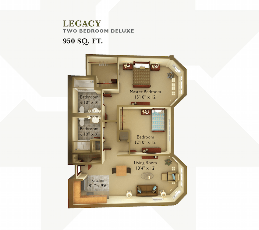 Legacy two-bedroom deluxe apartment floor plan, measuring 909 square feet.