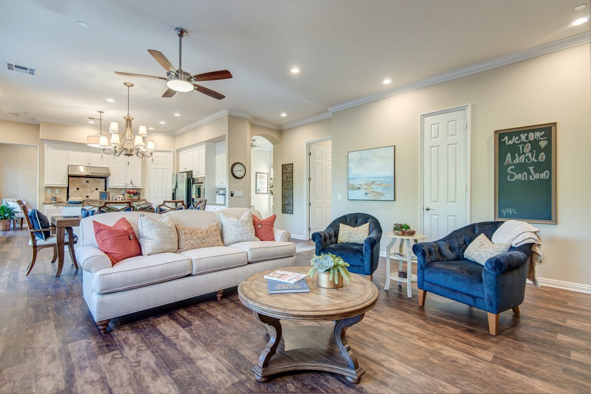 A modern living room with comfortable seating and elegant decor.