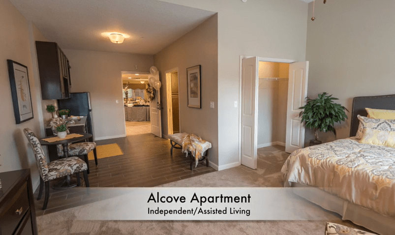 Interior view of an alcove apartment designed for independent or assisted living.