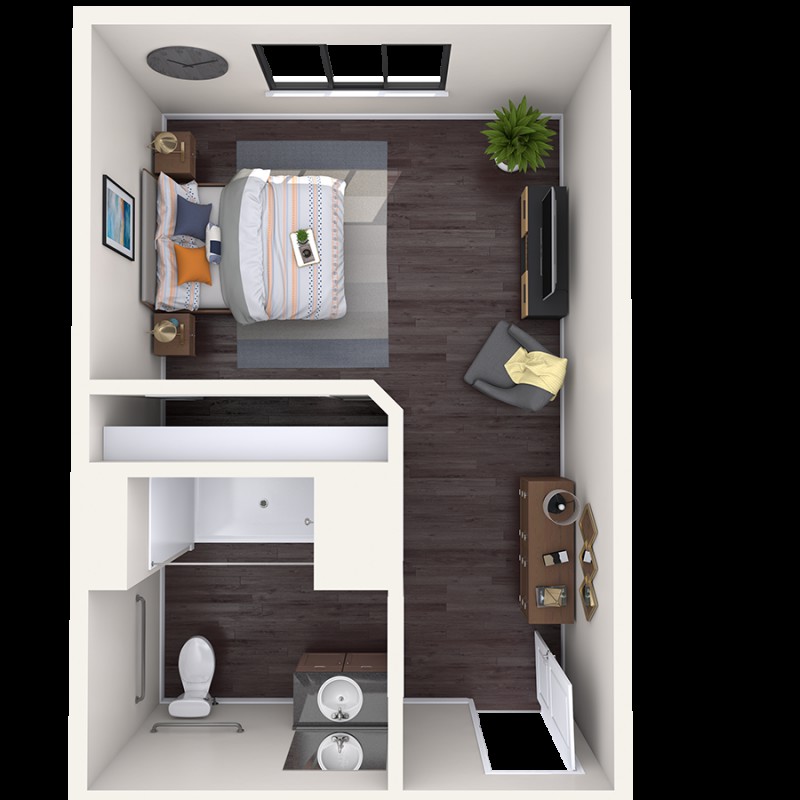 A compact studio apartment layout with a separate bathroom and minimalist interior design.