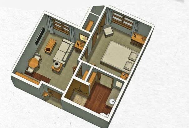 A 3D rendered floor plan of a small apartment, featuring a living room, bedroom, and bathroom layout.
