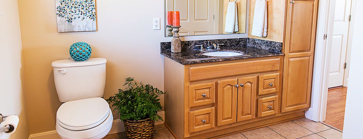 A bathroom vanity with a granite countertop, decorated with a plant and candle.