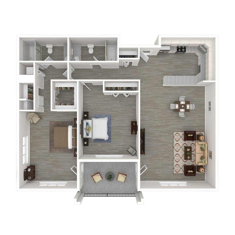 This image showcases a floor plan of an apartment, featuring a bedroom, living room, kitchen, and bathroom.