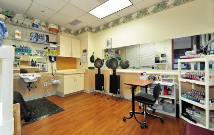 A neatly arranged hair salon interior with styling chairs, mirrors, and hair dryers.