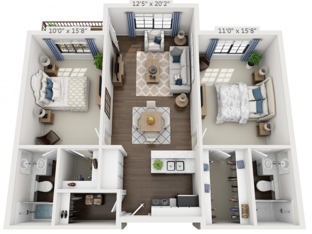 A 3D floor plan of a two-bedroom apartment with a living room, kitchen, and bathroom.