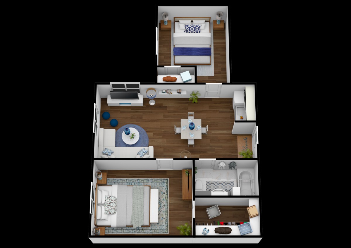 A 3D floor plan of a two-bedroom apartment showing the layout of rooms and furniture.
