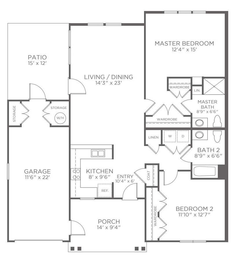 A detailed floor plan of a two-bedroom, two-bathroom apartment with a garage and patio.
