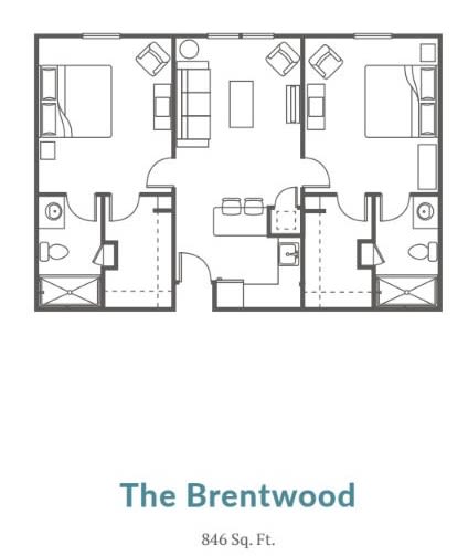 The Brentwood: A detailed floor plan of a two-bedroom apartment layout.
