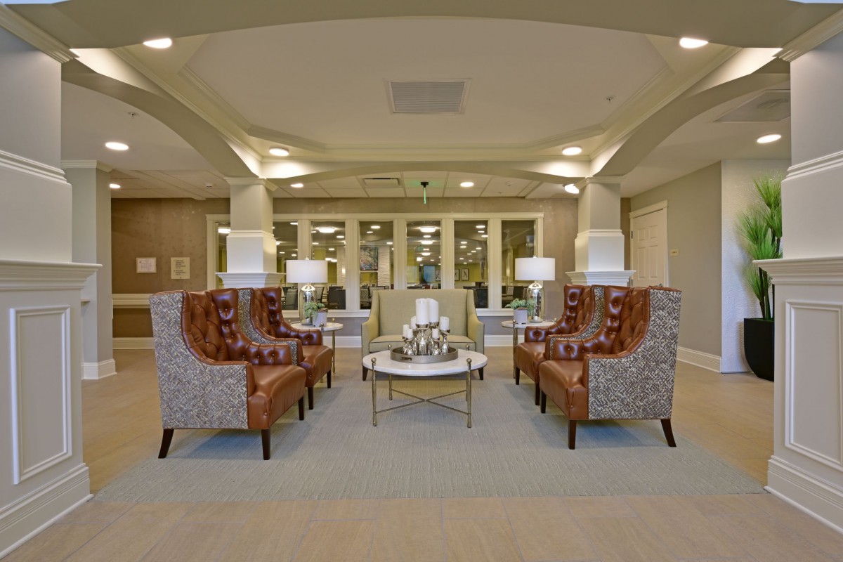 A modern hotel lobby with comfortable seating and stylish decor.