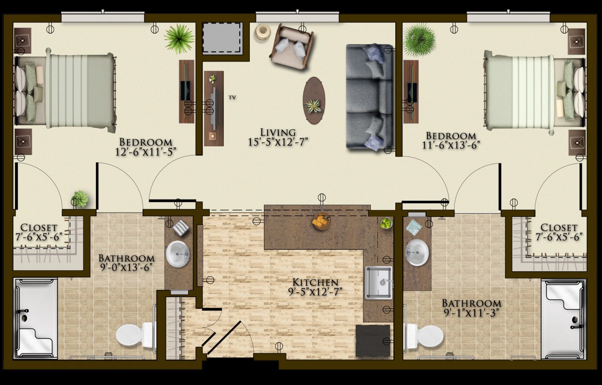 A detailed floor plan of a two-bedroom apartment showcasing the living room, kitchen, and two bathrooms.