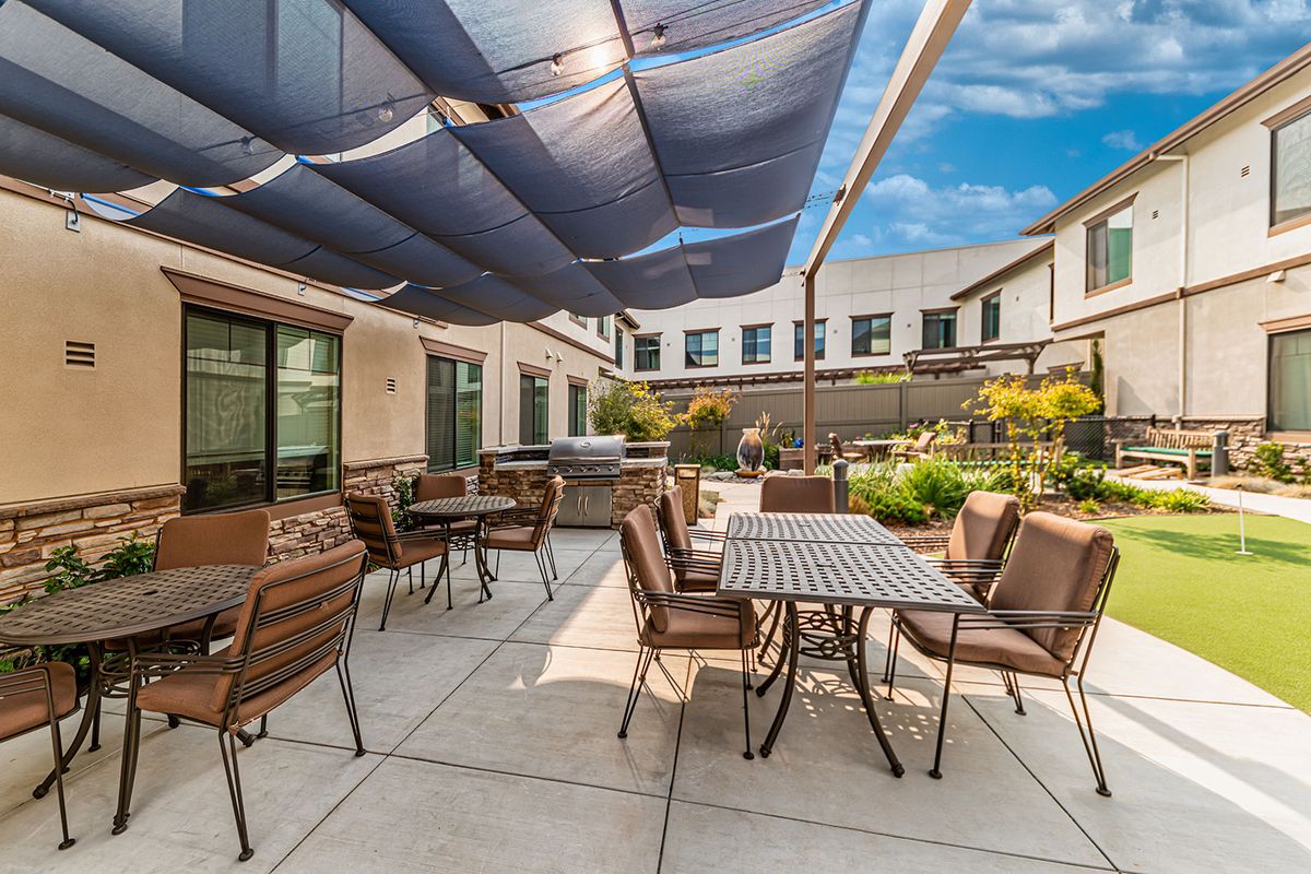 A modern outdoor patio featuring tables and chairs under a canopy, with a garden area in the background on a sunny day.