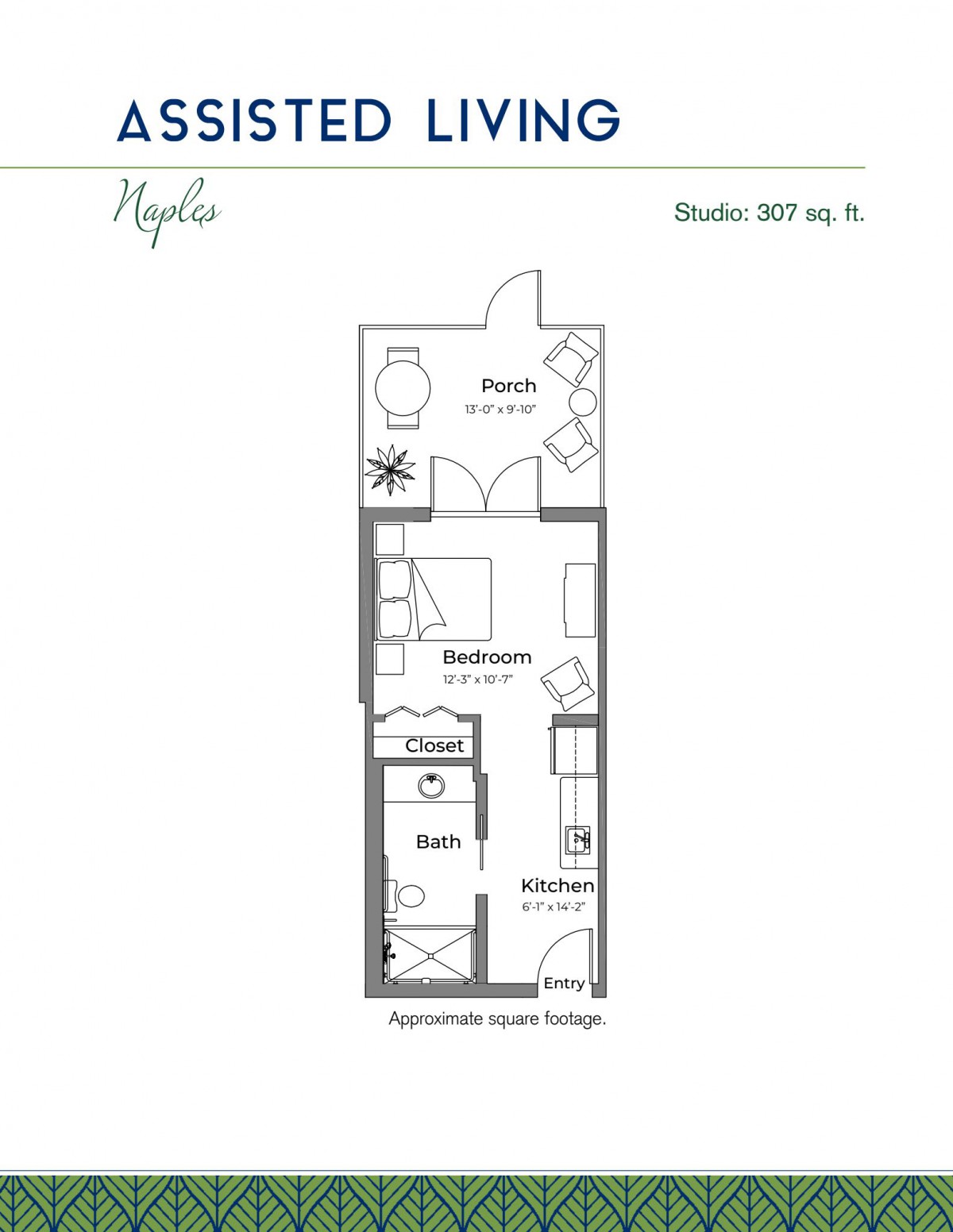 A detailed floor plan of a studio apartment, featuring a living area, kitchen, bathroom, and closet space.