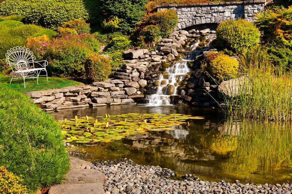 A serene garden scene featuring a small waterfall cascading into a pond surrounded by lush greenery and rocks.