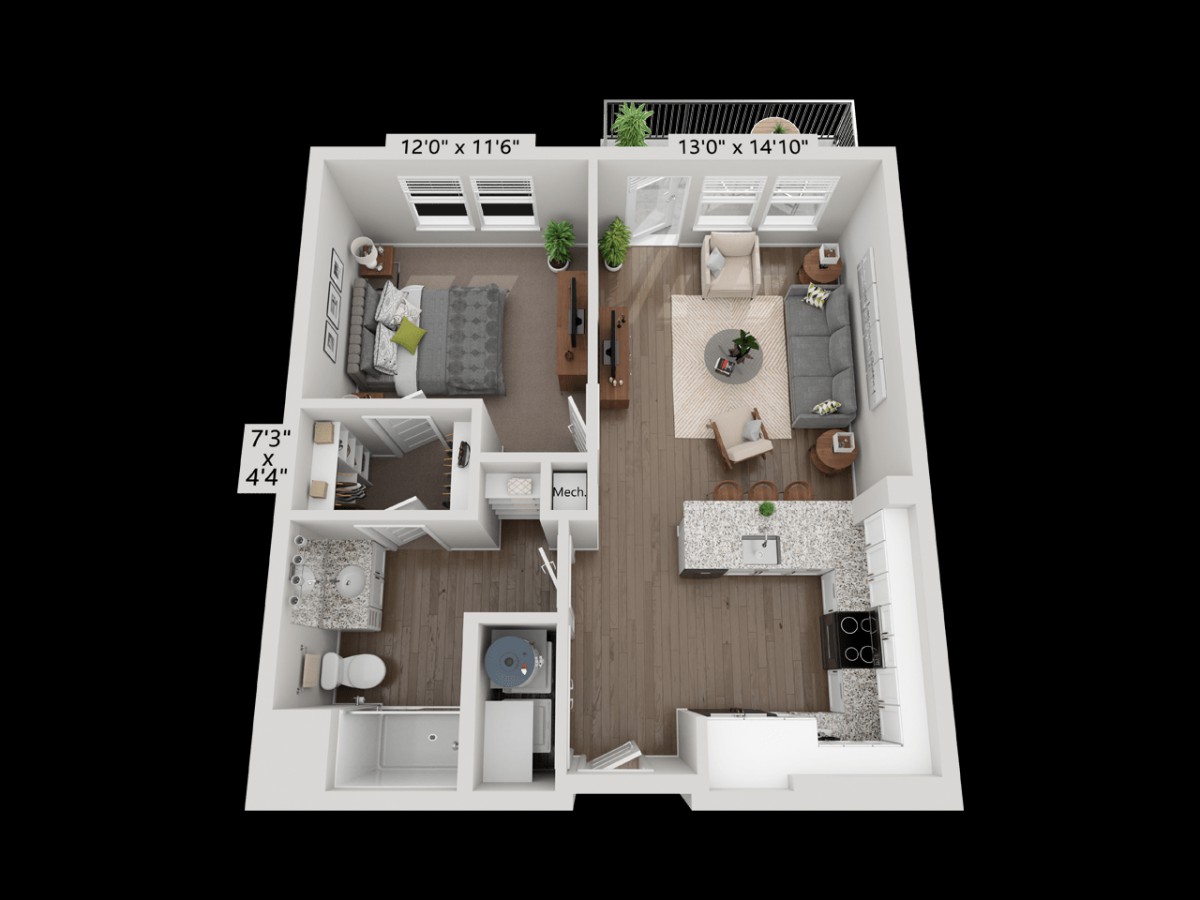A 3D floor plan of a modern apartment featuring a bedroom, bathroom, kitchen, and living area.