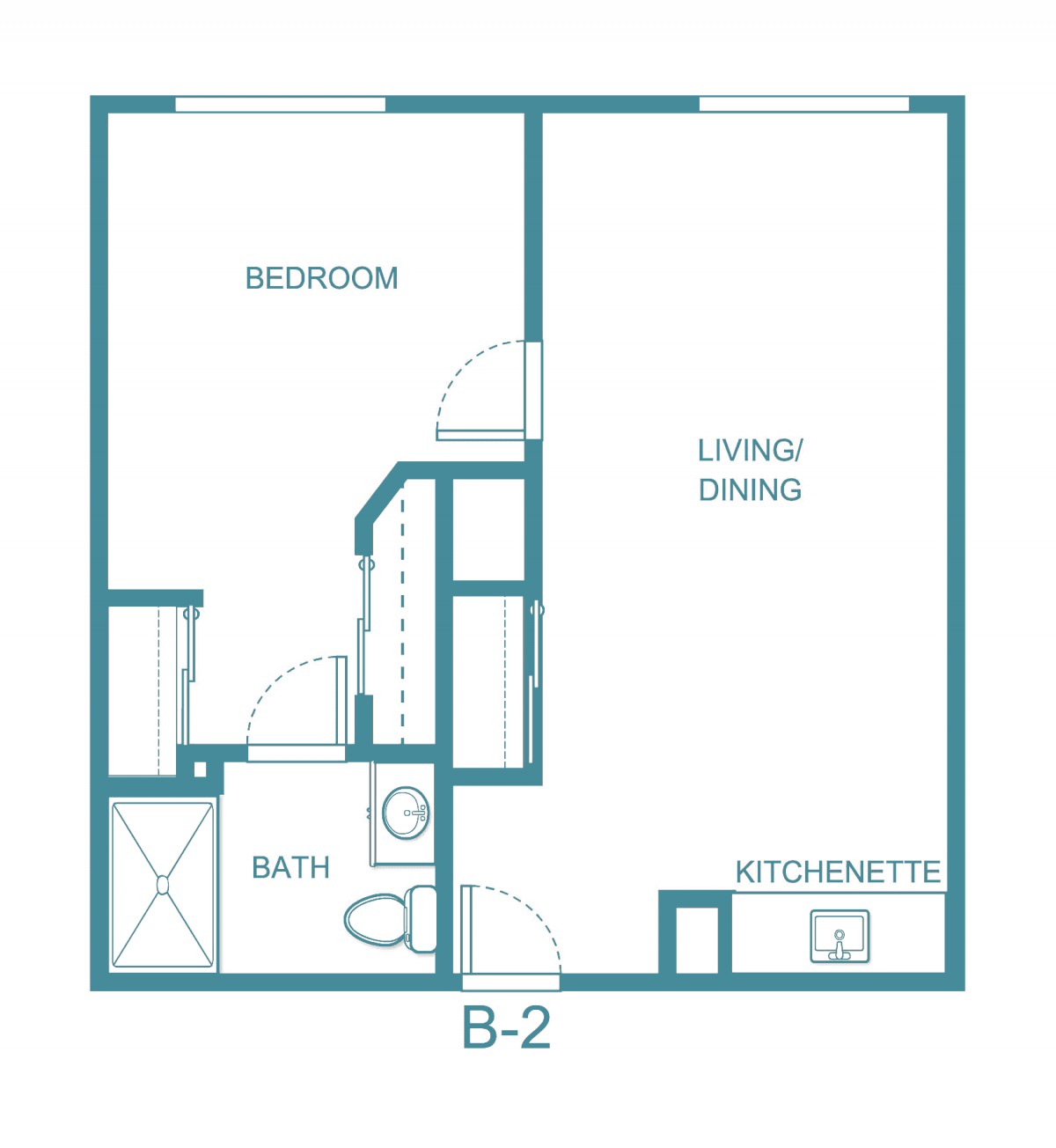 A floor plan of a one-bedroom apartment featuring a living/dining area, kitchen, and bathroom.