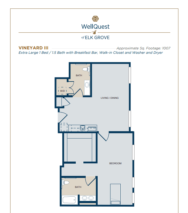 A detailed floor plan of an apartment featuring multiple rooms and amenities.