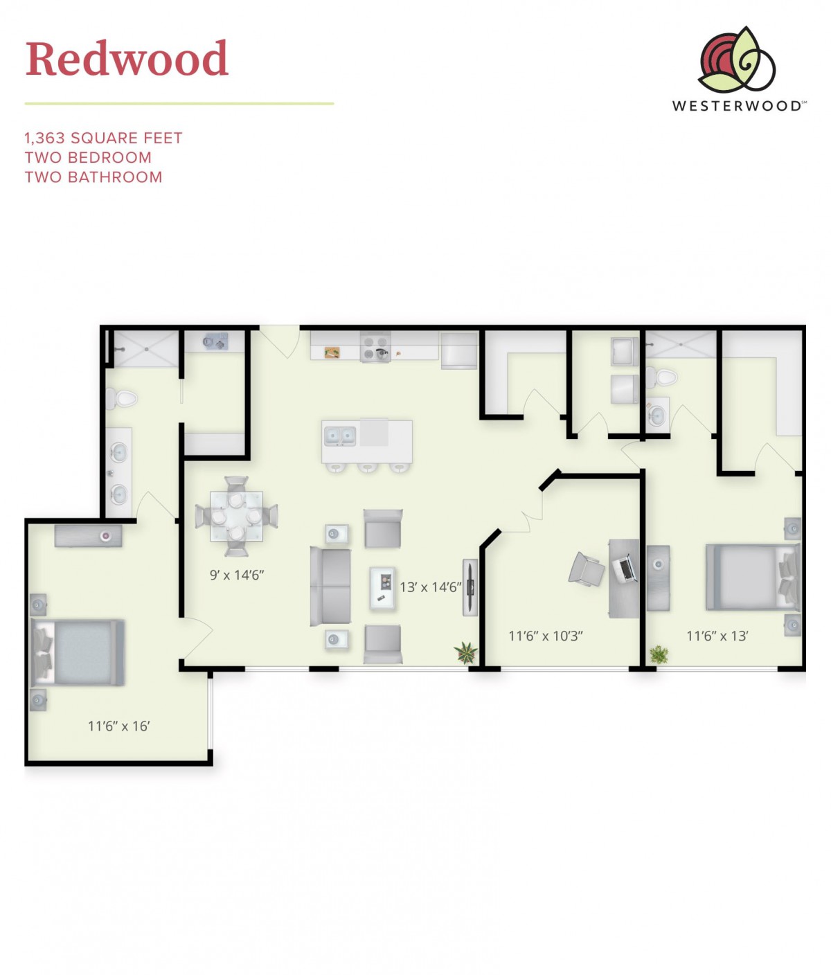 A detailed floor plan of a 2-bedroom apartment with labeled rooms and amenities.