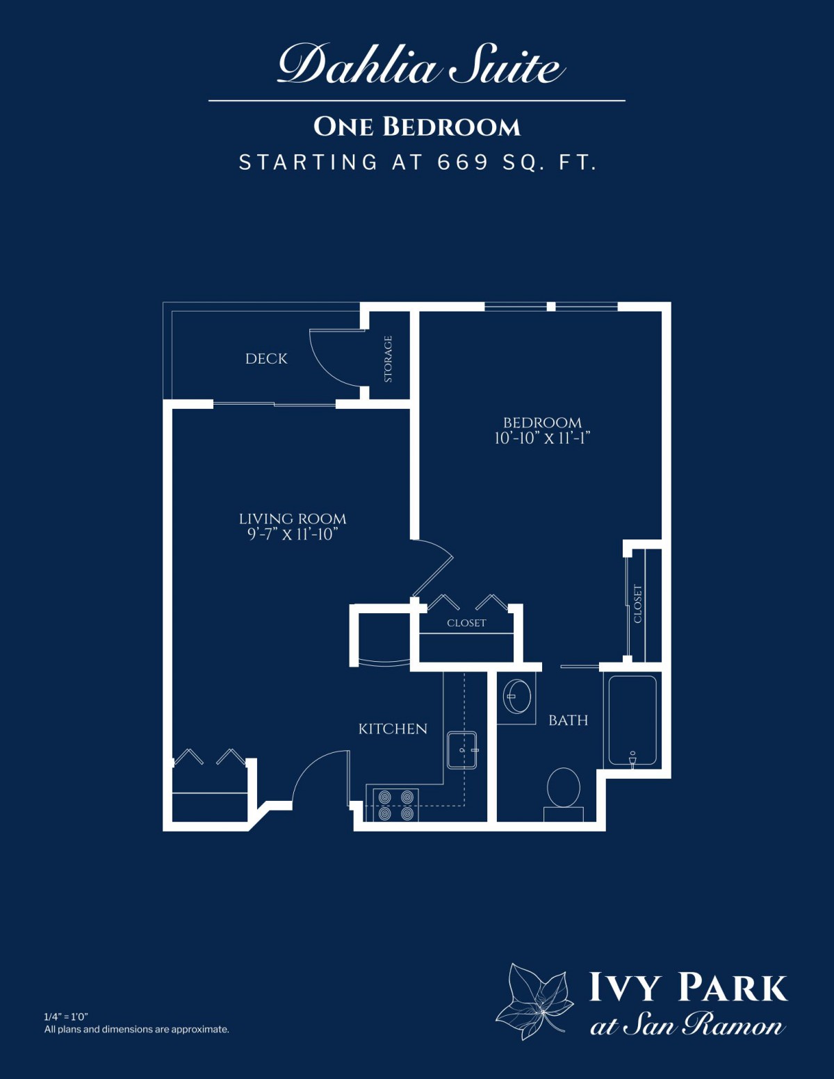 Blueprint of a one-bedroom apartment starting at 850 sq. ft.