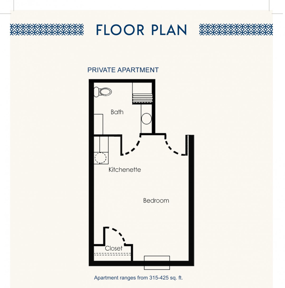A simple floor plan of a private apartment featuring a bedroom, bath, and closet.