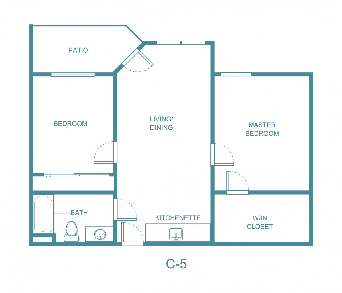 A floor plan layout of a two-bedroom apartment with living room, kitchen, bathroom, and patio.