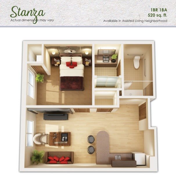 A 3D floor plan of a compact one-bedroom apartment with an open living area and kitchen.
