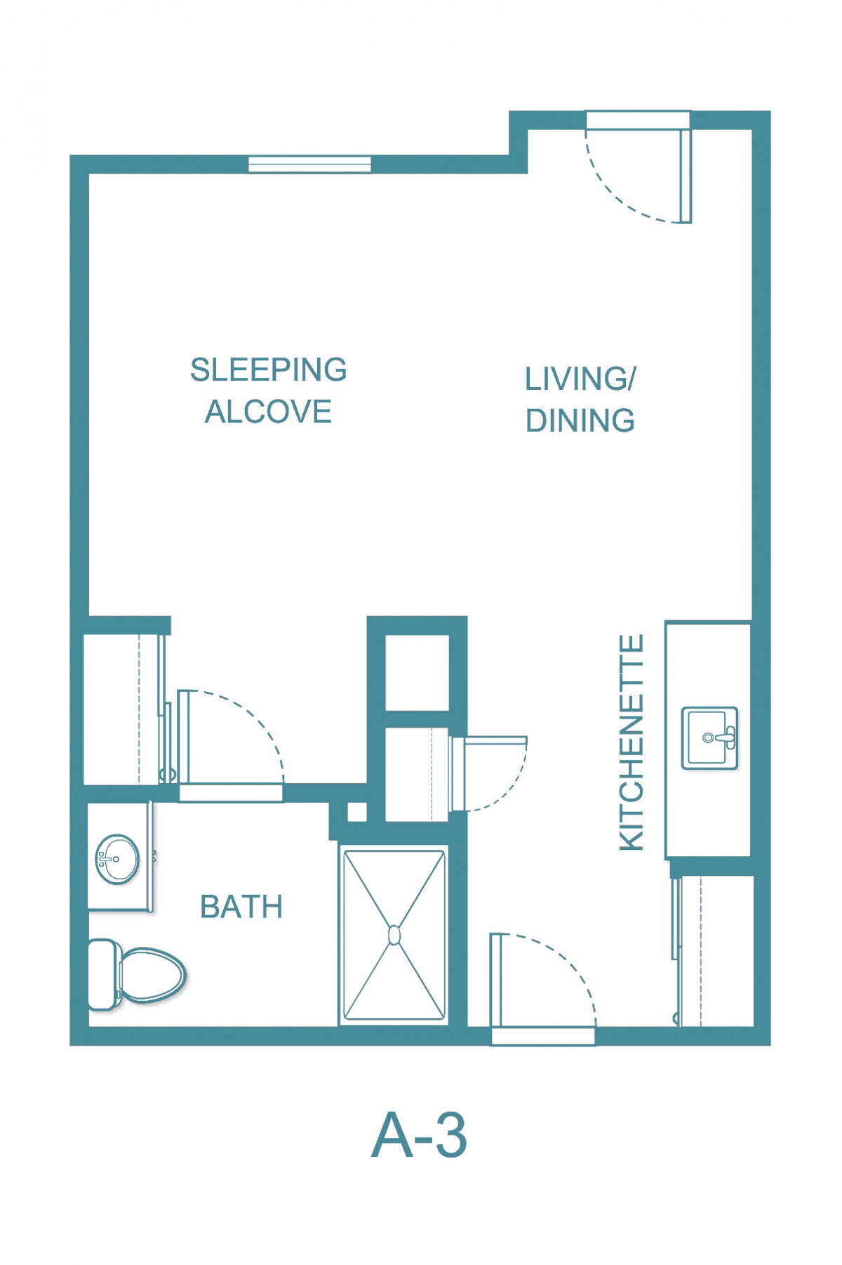 A floor plan of a studio apartment featuring a sleeping alcove, living/dining area, kitchenette, and bathroom.