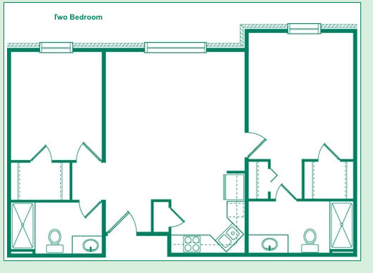 A simple two-bedroom apartment floor plan layout.