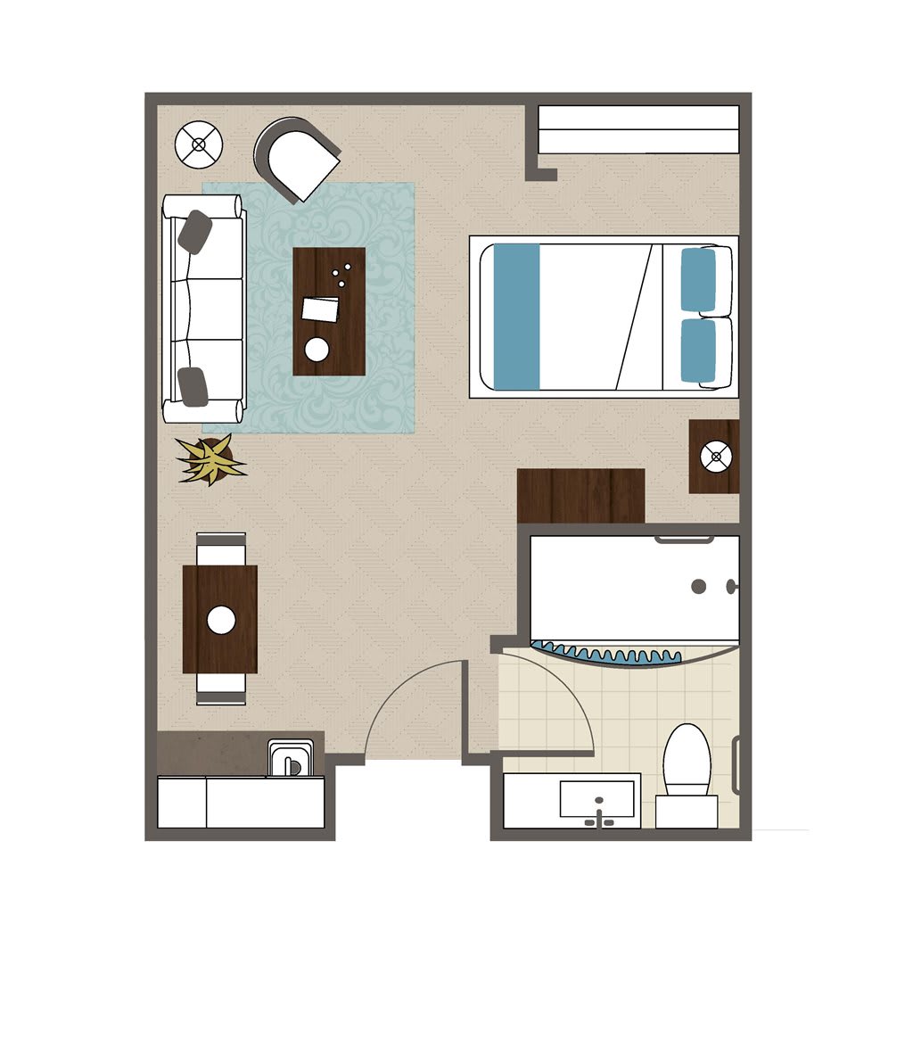 A detailed floor plan of a small apartment including a living room, bedroom, kitchen, and bathroom.