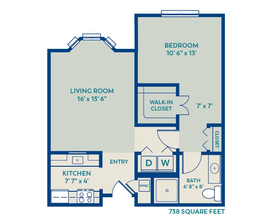 A floor plan of a one-bedroom apartment featuring a living room, kitchen, bathroom, and walk-in closet.