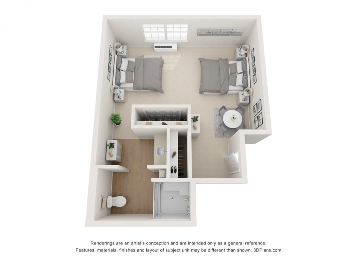3D floor plan of a small apartment with two beds, a bathroom, and a kitchenette.