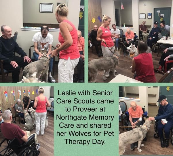Leslie with Senior Care Scouts visiting Northgate Memory Care for Pet Therapy Day.