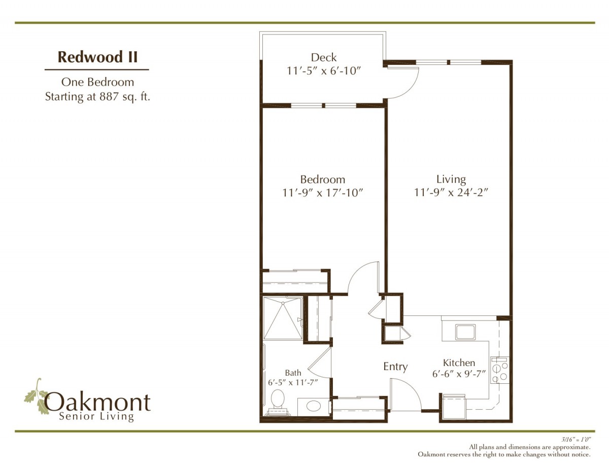 A floor plan of the Redwood II apartment featuring a living room, kitchen, bedroom, and deck.