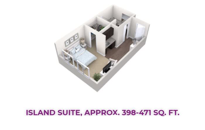 3D floor plan of a studio apartment, approximately 398-471 square feet in size.