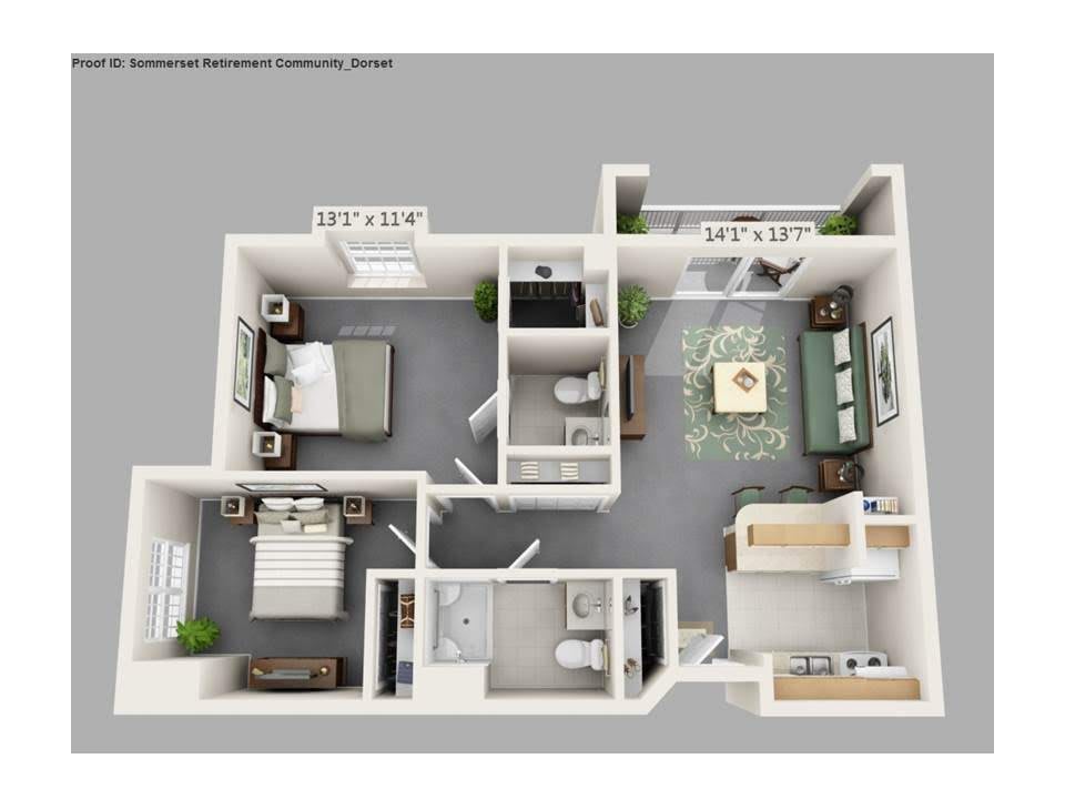 A 3D floor plan of a two-bedroom apartment featuring a living room, kitchen, and bathroom.