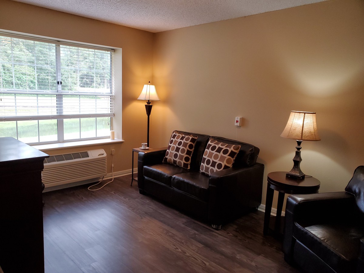 A cozy living room with a sofa and two lamps, featuring large windows and wood flooring.