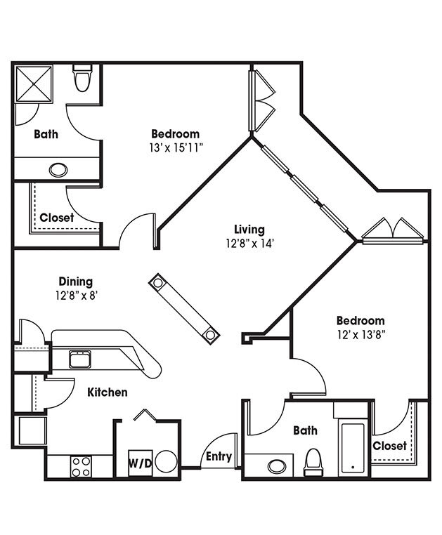 A floor plan of a two-bedroom apartment including kitchen, living room, dining area, and two bathrooms.