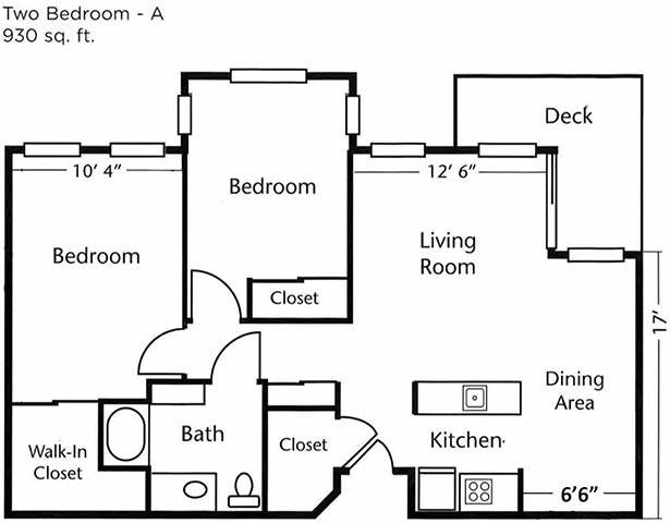 This image is a detailed floor plan of an apartment, showing the layout of rooms including a bedroom, living room, kitchen, bathroom, and deck.