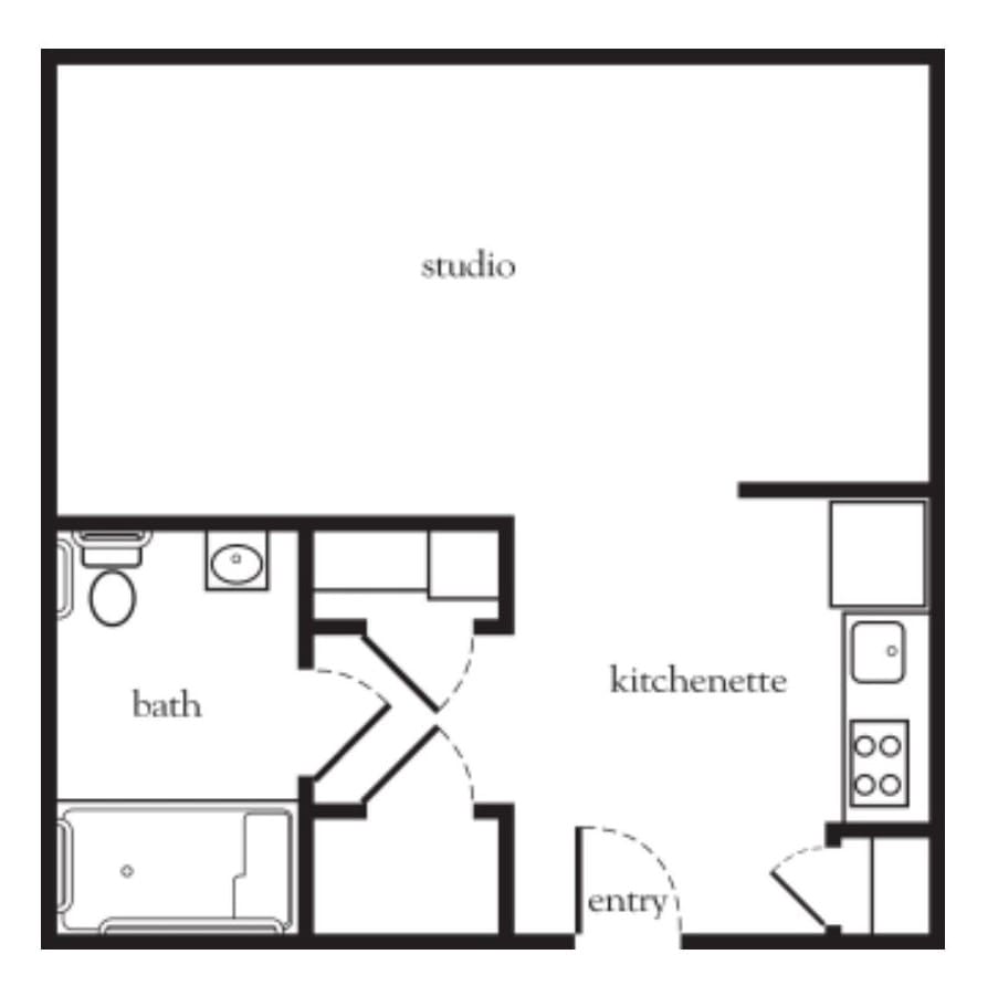 Studio apartment floor plan featuring a kitchenette, bath, and main living area.