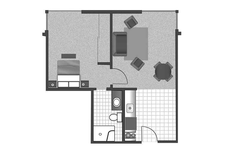A floor plan of a one-bedroom apartment featuring a living area, kitchen, bathroom, and bedroom.