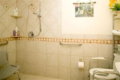 An accessible bathroom equipped with a shower and grab bars.