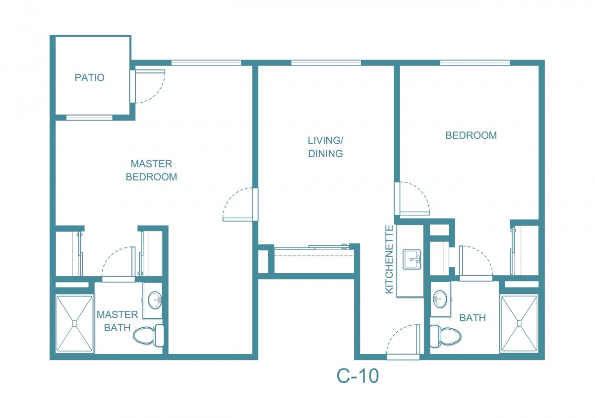A floor plan of a two-bedroom apartment with a living room, master suite, and additional bathroom.
