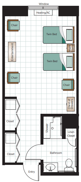 A floor plan of a bedroom featuring a twin bed, chair, chest of drawers, and closet.