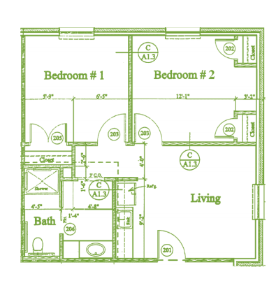 Blueprint of a two-bedroom apartment layout.