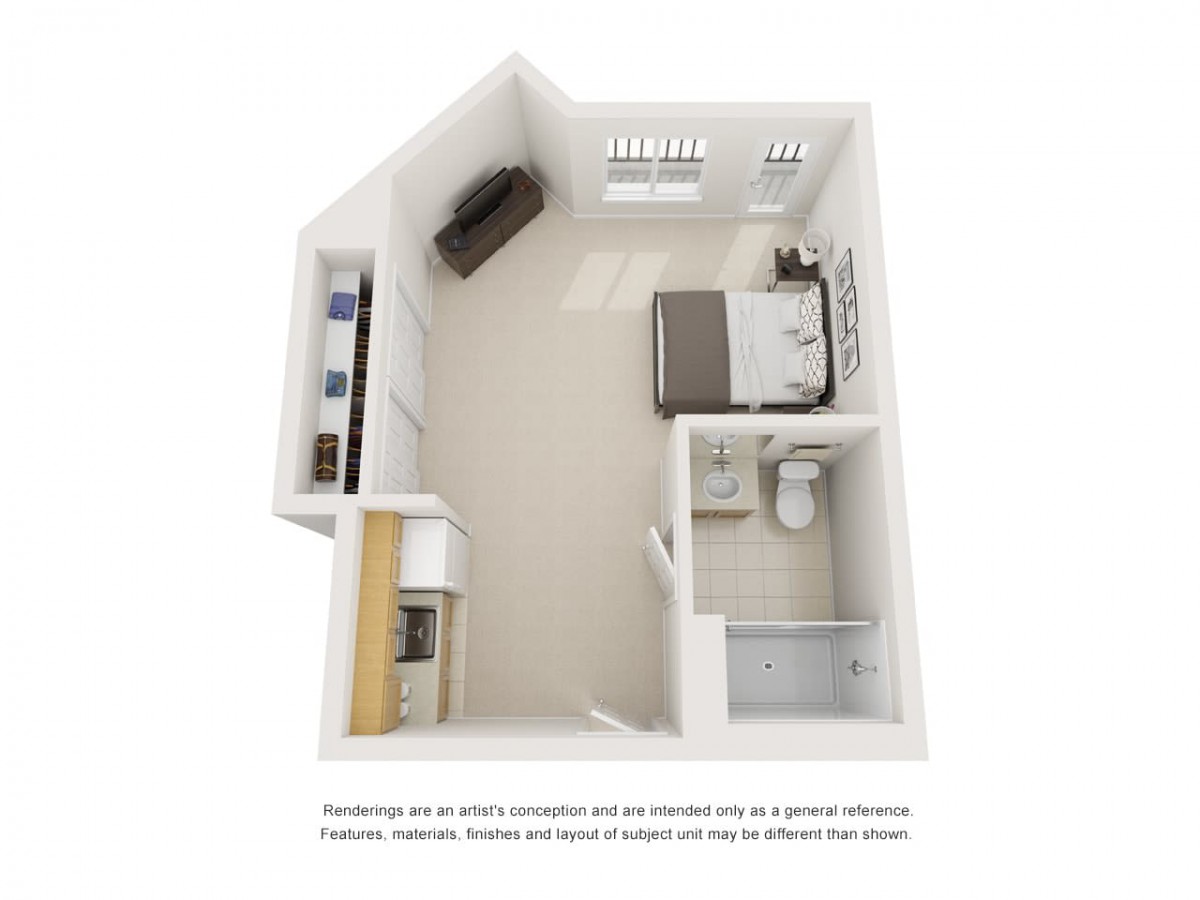 A 3D floor plan of a modern studio apartment featuring a compact layout with a bed, bathroom, and kitchen area.