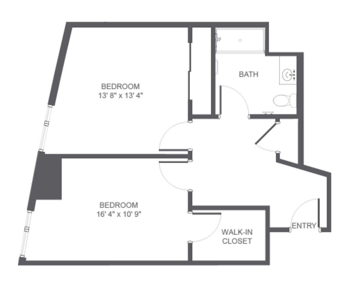 A floor plan depicting an apartment layout with two bedrooms, a bathroom, a walk-in closet, and entrance.