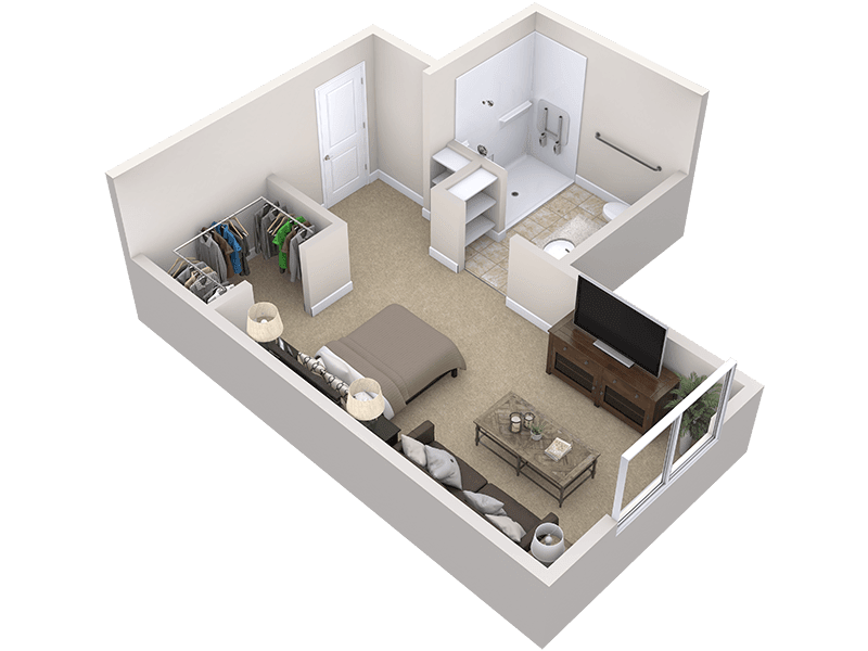 3D rendering of a studio apartment floor plan with an open layout.